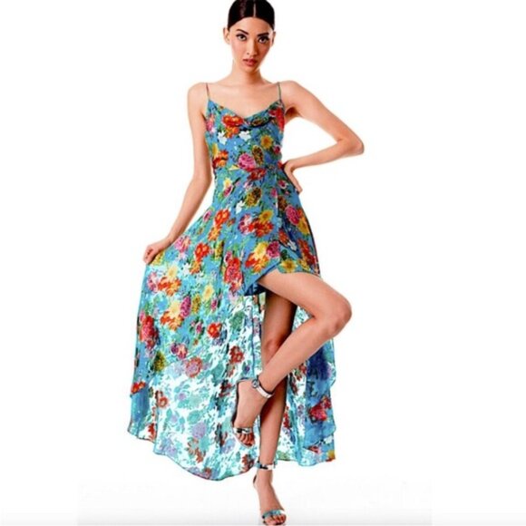 Alice + Olivia Dress Blue silk blend Floral High-low Cocktail velvet burnout 8 - Picture 2 of 16